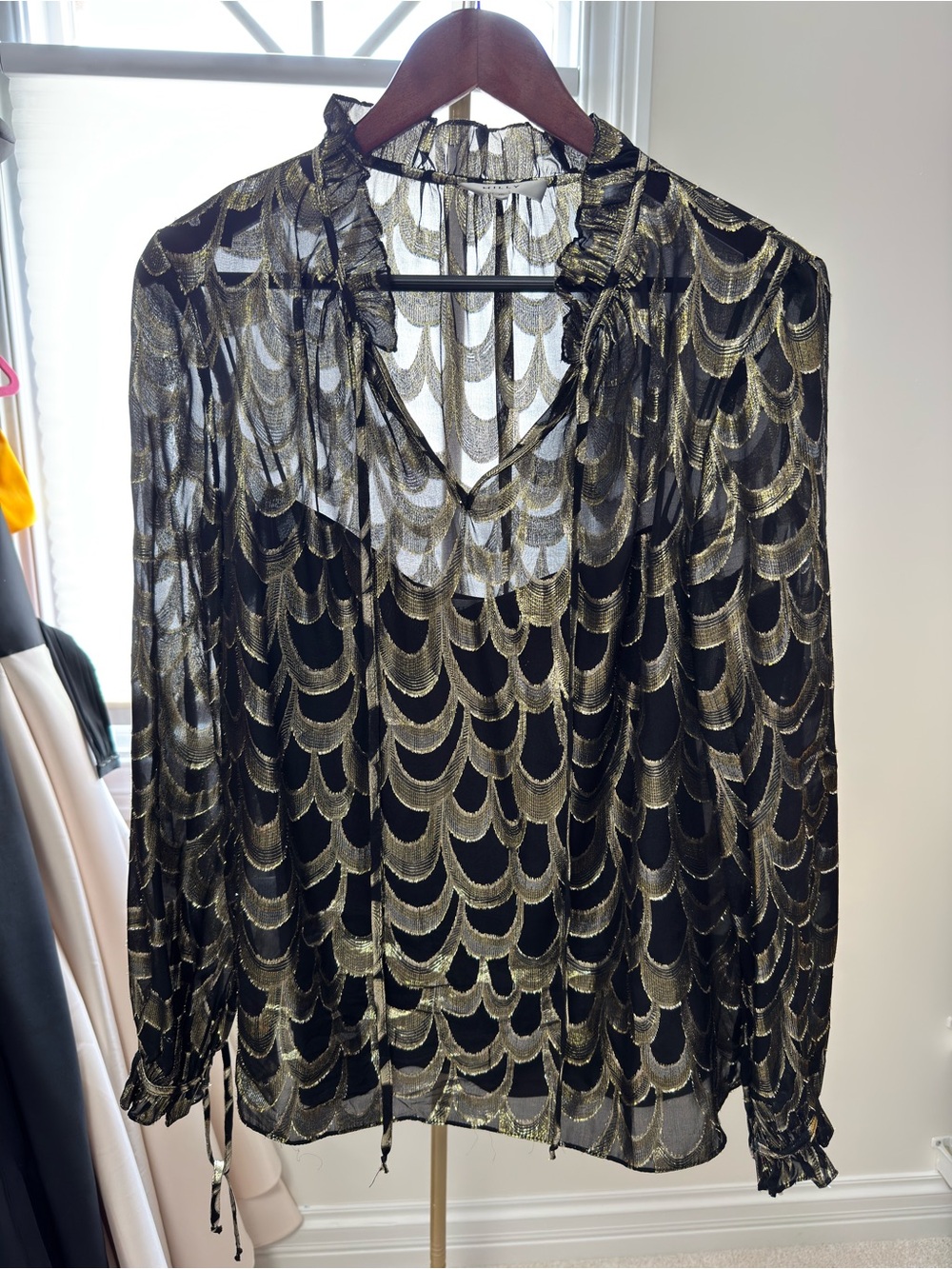 Milly Sheer Black and Gold Scallop-Pattern Blouse with Black Slip Tank, size M